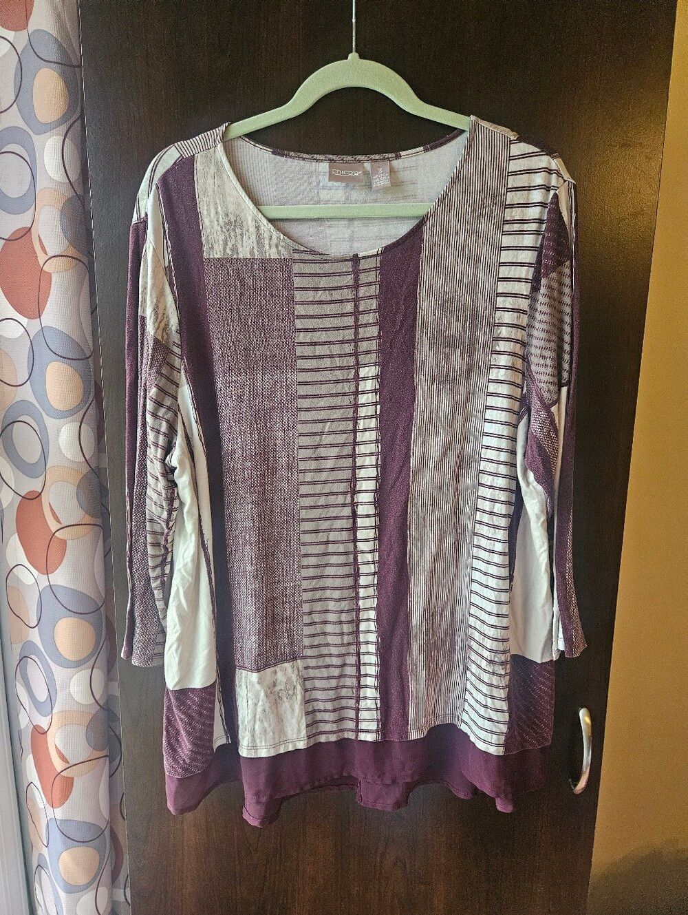 Chico's Plum and Cream Patchwork-Stripe Long Sleeve Tunic Plus Size 3